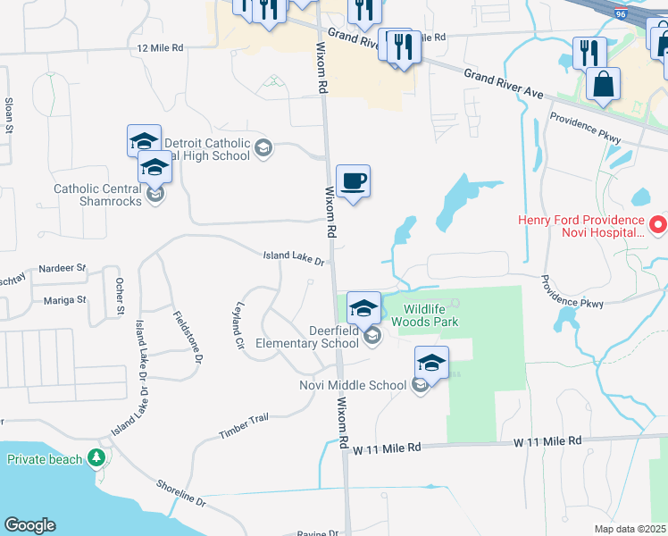 map of restaurants, bars, coffee shops, grocery stores, and more near 26442 Wixom Road in Novi