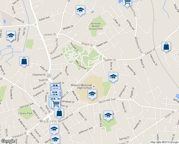 map of restaurants, bars, coffee shops, grocery stores, and more near 103 Salem Street in Woburn