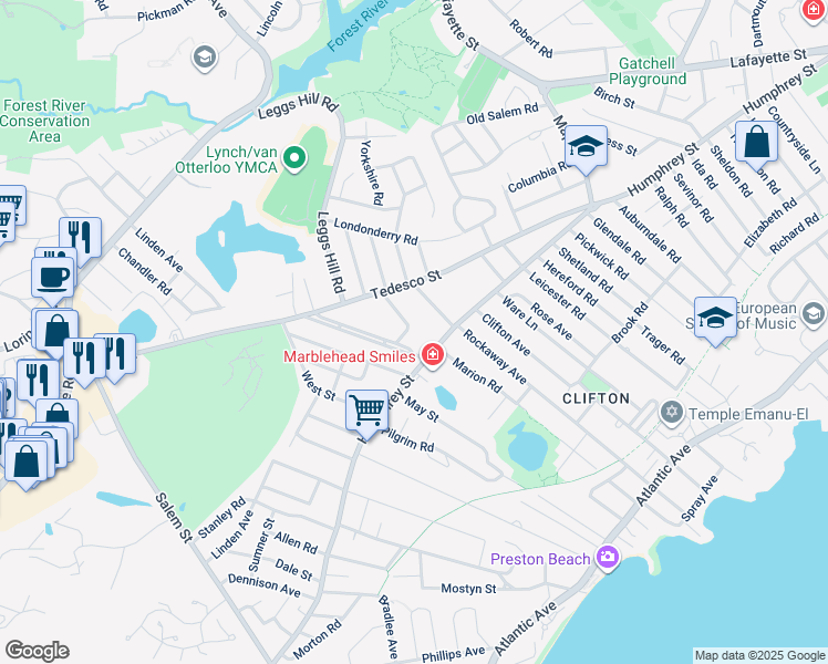 map of restaurants, bars, coffee shops, grocery stores, and more near 7 Elmwood Road in Marblehead