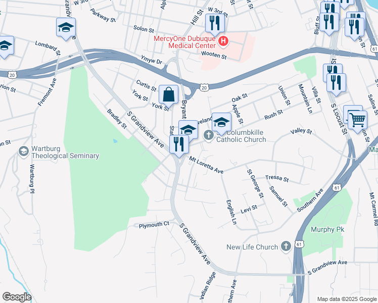 map of restaurants, bars, coffee shops, grocery stores, and more near 1280 Rush Street in Dubuque