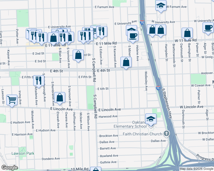map of restaurants, bars, coffee shops, grocery stores, and more near 516 South Dorchester Avenue in Royal Oak