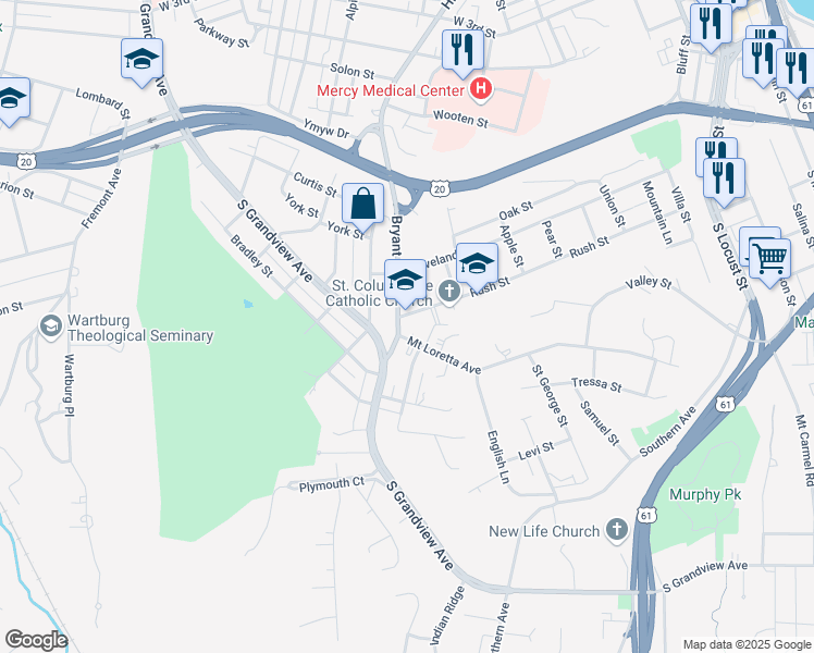 map of restaurants, bars, coffee shops, grocery stores, and more near 1280 Rush Street in Dubuque