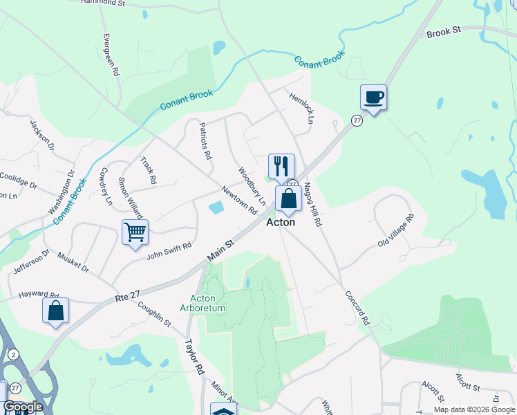 map of restaurants, bars, coffee shops, grocery stores, and more near 12 Woodbury Lane in Acton