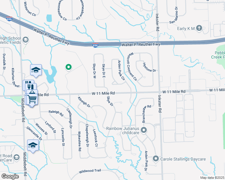 map of restaurants, bars, coffee shops, grocery stores, and more near 27159 Arden Park Circle in Farmington Hills