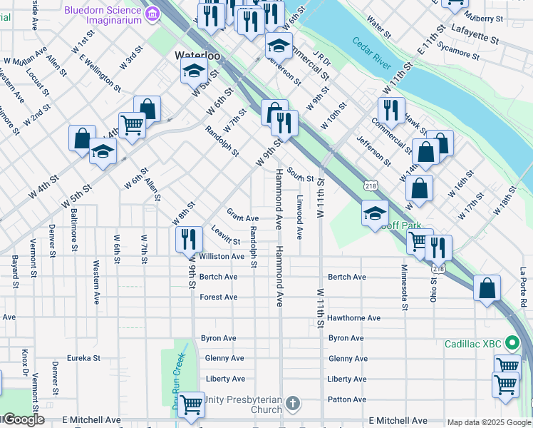 map of restaurants, bars, coffee shops, grocery stores, and more near 1321 Grant Avenue in Waterloo