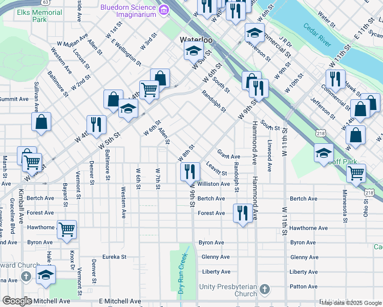 map of restaurants, bars, coffee shops, grocery stores, and more near 1008 Leavitt Street in Waterloo