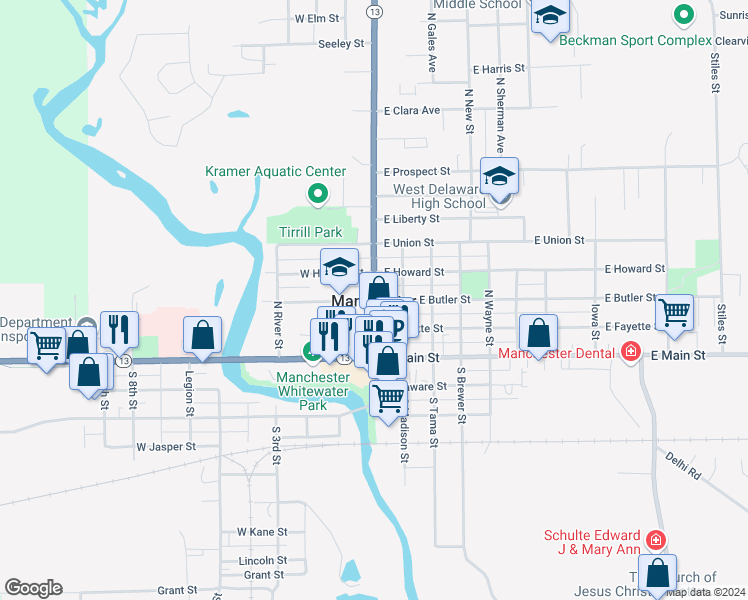 map of restaurants, bars, coffee shops, grocery stores, and more near in Manchester