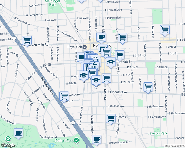 map of restaurants, bars, coffee shops, grocery stores, and more near 511 South Washington Avenue in Royal Oak