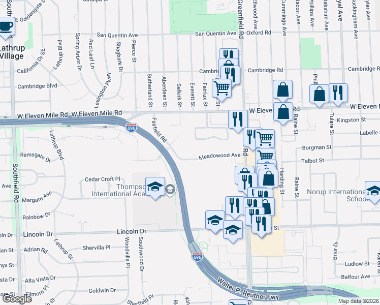 map of restaurants, bars, coffee shops, grocery stores, and more near 16008 Meadowood Avenue in Southfield