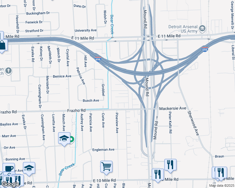 map of restaurants, bars, coffee shops, grocery stores, and more near 26184 Albert J Drive in Warren
