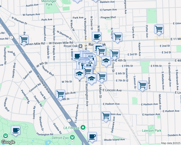 map of restaurants, bars, coffee shops, grocery stores, and more near 511 South Washington Avenue in Royal Oak