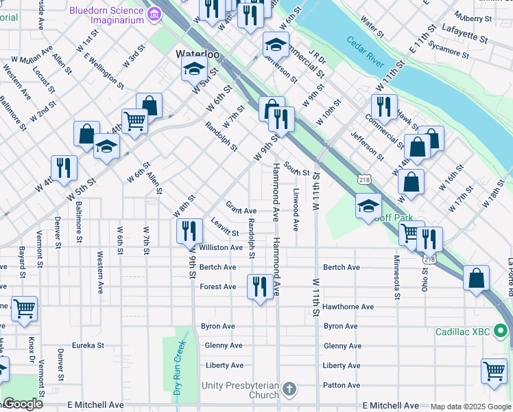 map of restaurants, bars, coffee shops, grocery stores, and more near 1321 Grant Avenue in Waterloo