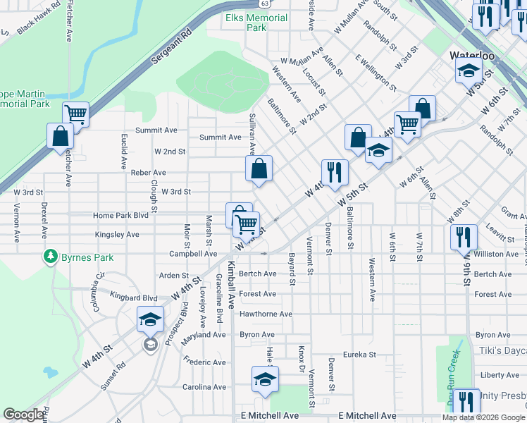 map of restaurants, bars, coffee shops, grocery stores, and more near 429 Bayard Street in Waterloo