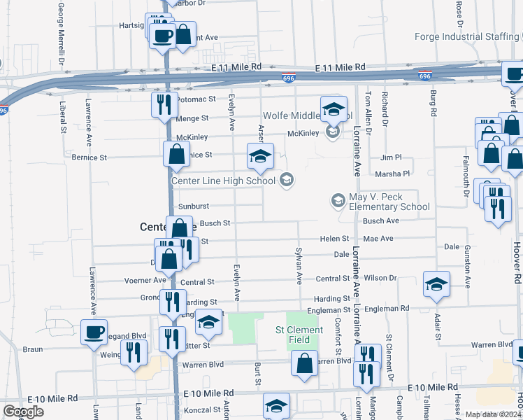 map of restaurants, bars, coffee shops, grocery stores, and more near 8390 Sunburst in Center Line