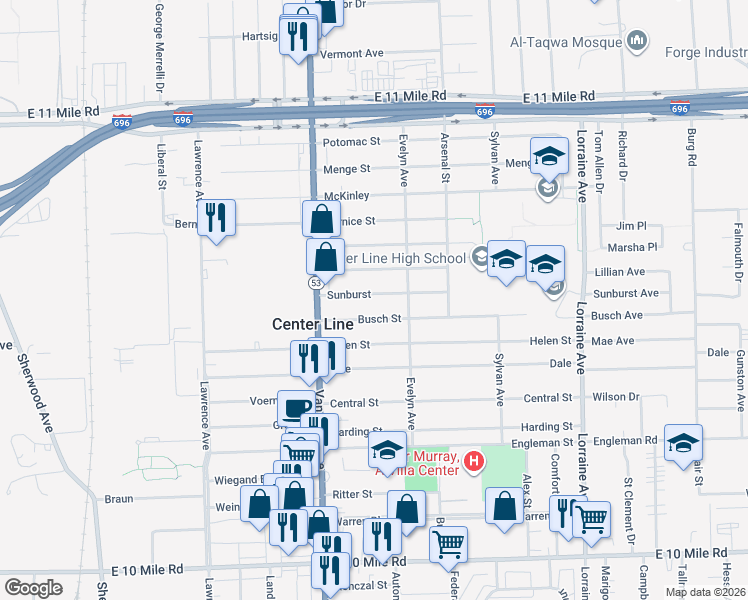 map of restaurants, bars, coffee shops, grocery stores, and more near 8122 Sunburst in Center Line
