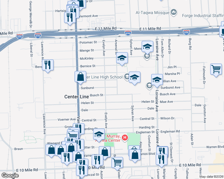 map of restaurants, bars, coffee shops, grocery stores, and more near 8390 Sunburst in Center Line