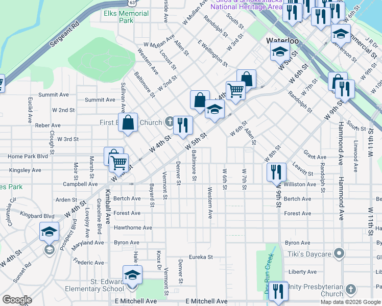 map of restaurants, bars, coffee shops, grocery stores, and more near 1307 West 5th Street in Waterloo