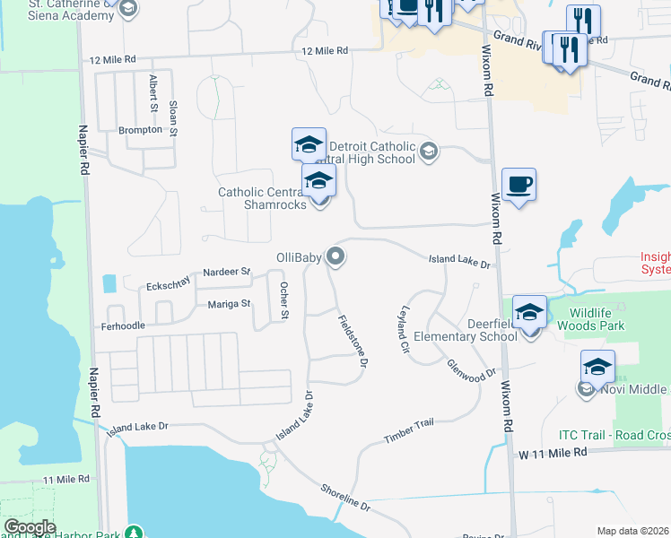 map of restaurants, bars, coffee shops, grocery stores, and more near 26436 Fieldstone Drive in Novi