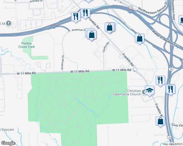 map of restaurants, bars, coffee shops, grocery stores, and more near 25800 West 11 Mile Road in Southfield