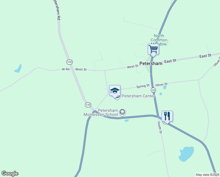 map of restaurants, bars, coffee shops, grocery stores, and more near 32 Spring Street in Petersham