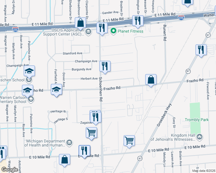 map of restaurants, bars, coffee shops, grocery stores, and more near 13775 Frazho Rd in Warren