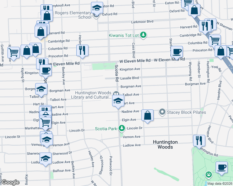 map of restaurants, bars, coffee shops, grocery stores, and more near 12702 Talbot Avenue in Huntington Woods