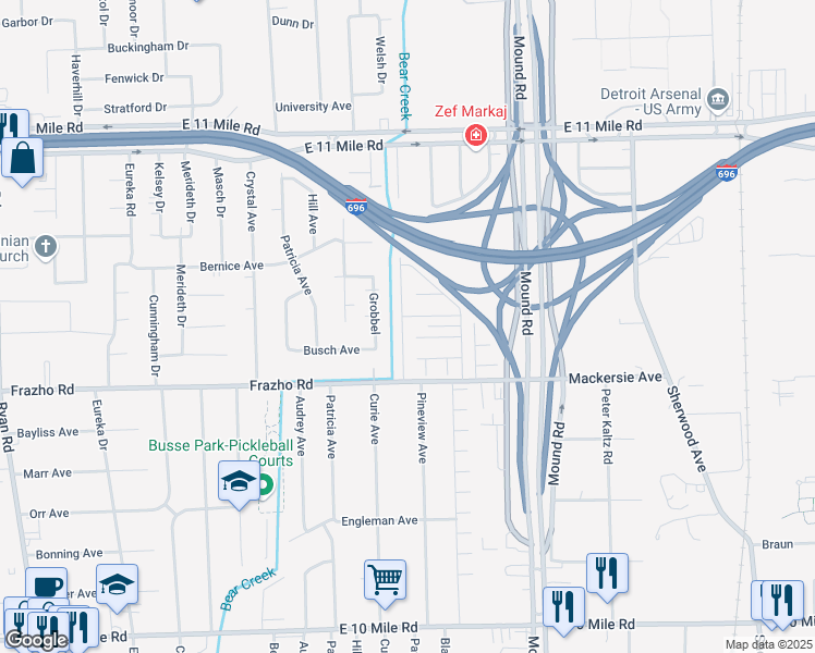 map of restaurants, bars, coffee shops, grocery stores, and more near 26184 Albert J Drive in Warren