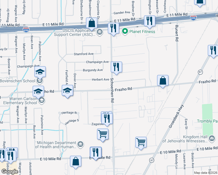 map of restaurants, bars, coffee shops, grocery stores, and more near in Warren