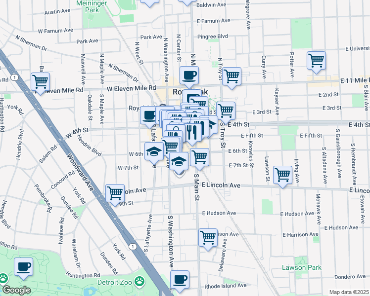 map of restaurants, bars, coffee shops, grocery stores, and more near 150w 6th Street in Royal Oak