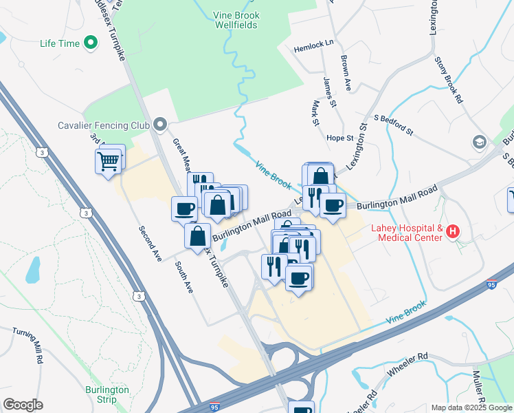 map of restaurants, bars, coffee shops, grocery stores, and more near 150 Lexington Street in Burlington