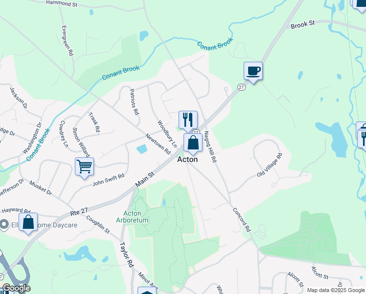 map of restaurants, bars, coffee shops, grocery stores, and more near 492a Main Street in Acton