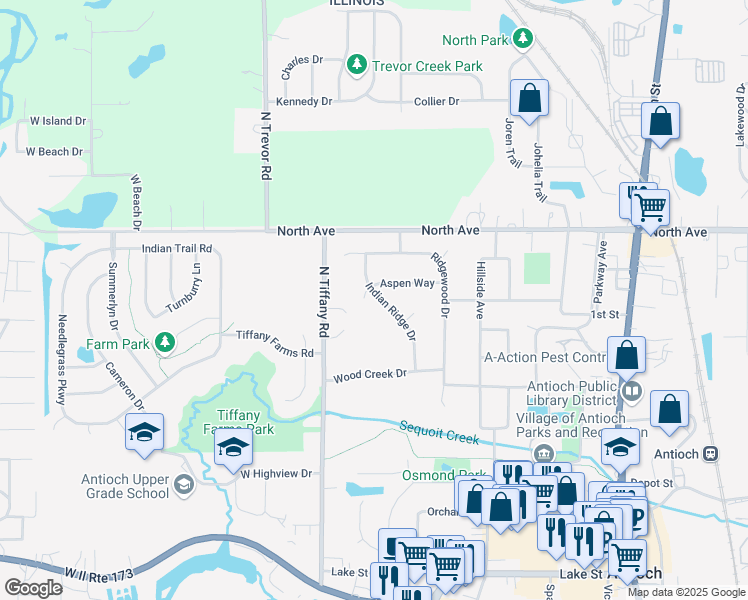 map of restaurants, bars, coffee shops, grocery stores, and more near 628 Aspen Court in Antioch