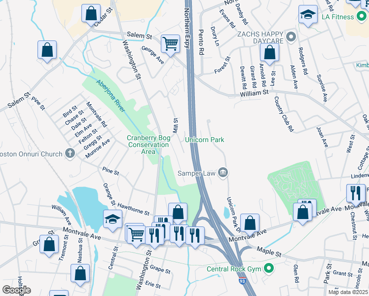 map of restaurants, bars, coffee shops, grocery stores, and more near 5 Albert Drive in Woburn
