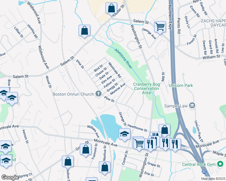 map of restaurants, bars, coffee shops, grocery stores, and more near 25 Munroe Avenue in Woburn