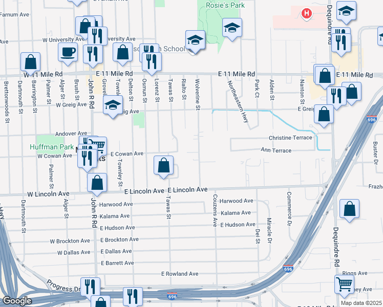 map of restaurants, bars, coffee shops, grocery stores, and more near 26281 Wolverine Street in Madison Heights