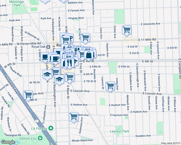 map of restaurants, bars, coffee shops, grocery stores, and more near 325 East 6th Street in Royal Oak