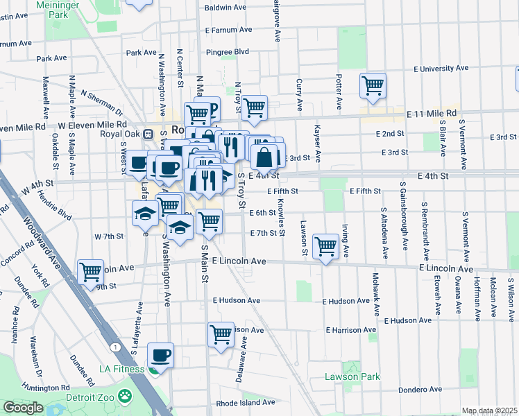 map of restaurants, bars, coffee shops, grocery stores, and more near 325 East 6th Street in Royal Oak