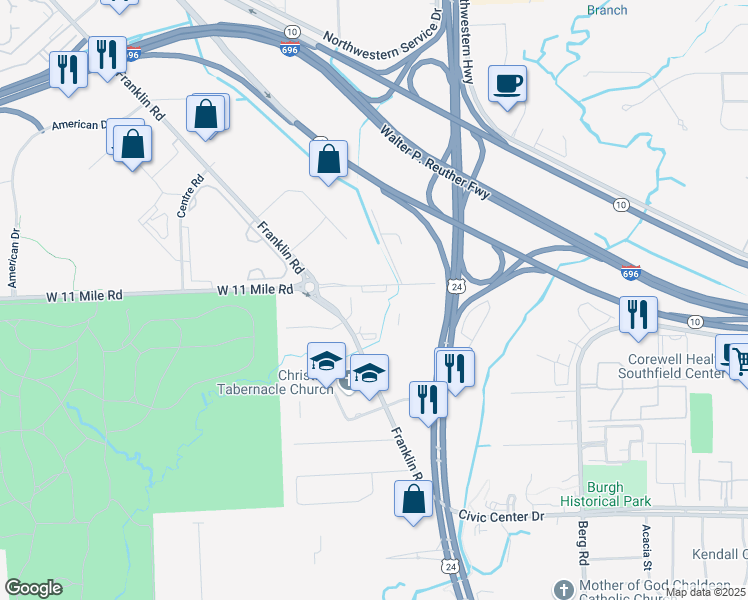 map of restaurants, bars, coffee shops, grocery stores, and more near 26962 West Eleven Mile Road in Southfield