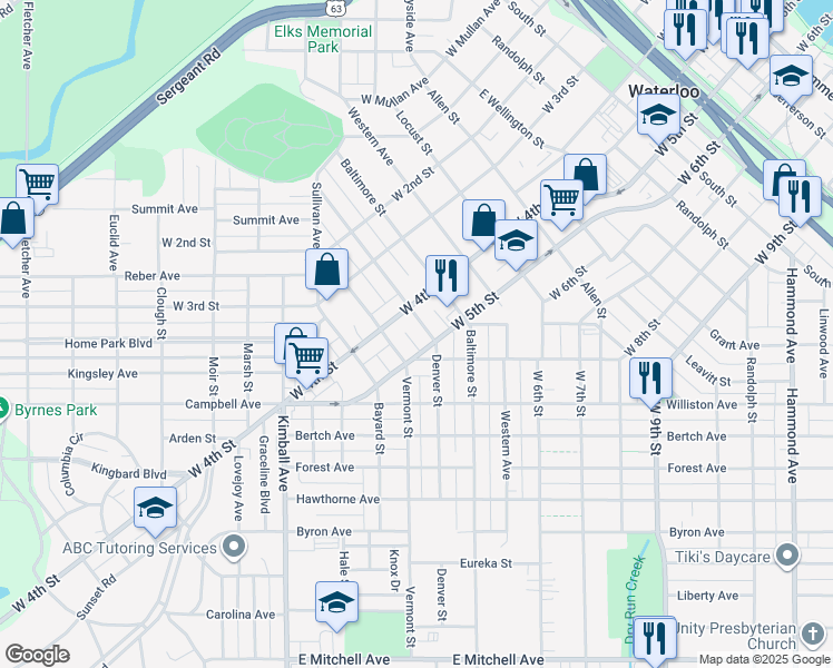 map of restaurants, bars, coffee shops, grocery stores, and more near 518-522 Denver Street in Waterloo