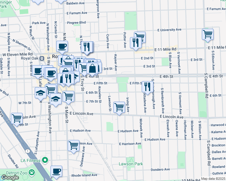 map of restaurants, bars, coffee shops, grocery stores, and more near 611 East 6th Street in Royal Oak