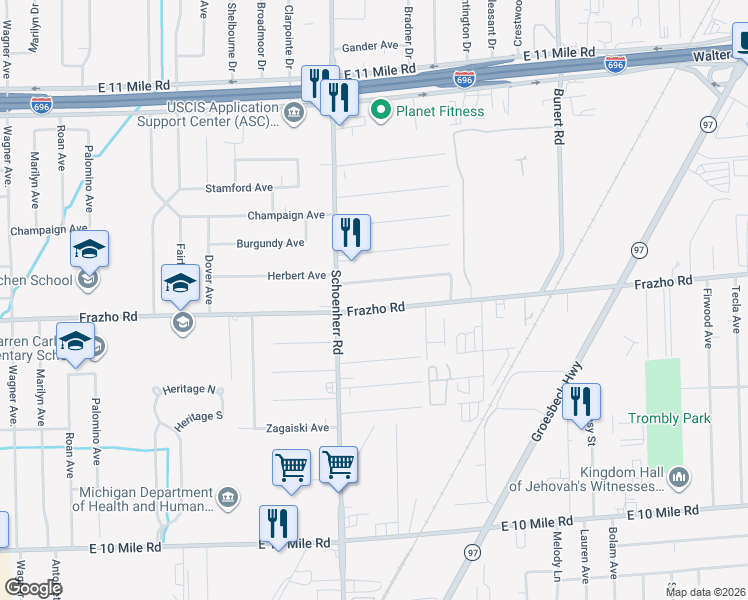 map of restaurants, bars, coffee shops, grocery stores, and more near 13775 Frazho Road in Warren