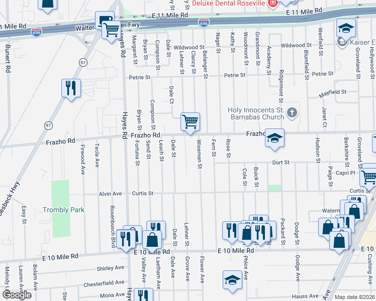 map of restaurants, bars, coffee shops, grocery stores, and more near 25890 Lehner Court in Roseville