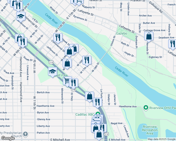 map of restaurants, bars, coffee shops, grocery stores, and more near 1915 Commercial Street in Waterloo