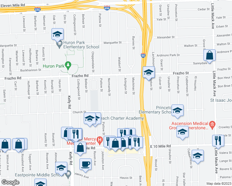 map of restaurants, bars, coffee shops, grocery stores, and more near 25764 Normandy Street in Roseville