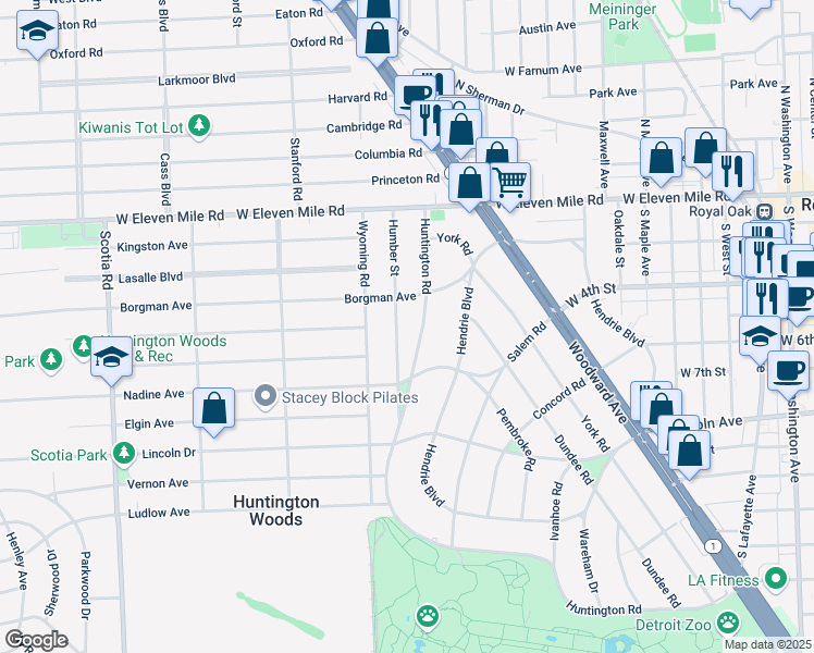 map of restaurants, bars, coffee shops, grocery stores, and more near 26413 Huntington Road in Huntington Woods