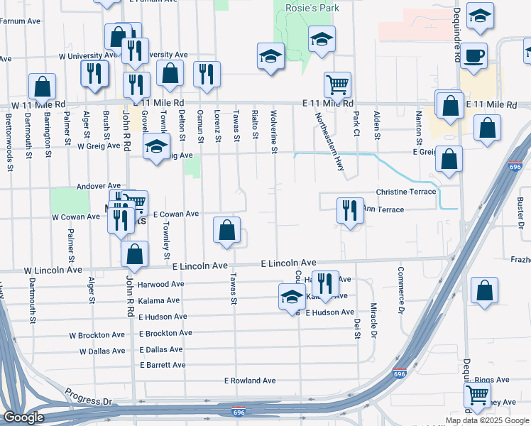 map of restaurants, bars, coffee shops, grocery stores, and more near 26281 Wolverine Street in Madison Heights