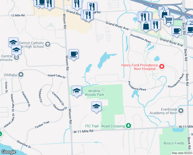 map of restaurants, bars, coffee shops, grocery stores, and more near 48853 Windfall Road in Novi