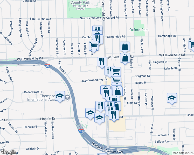 map of restaurants, bars, coffee shops, grocery stores, and more near 15610 Fairfield Road in Southfield