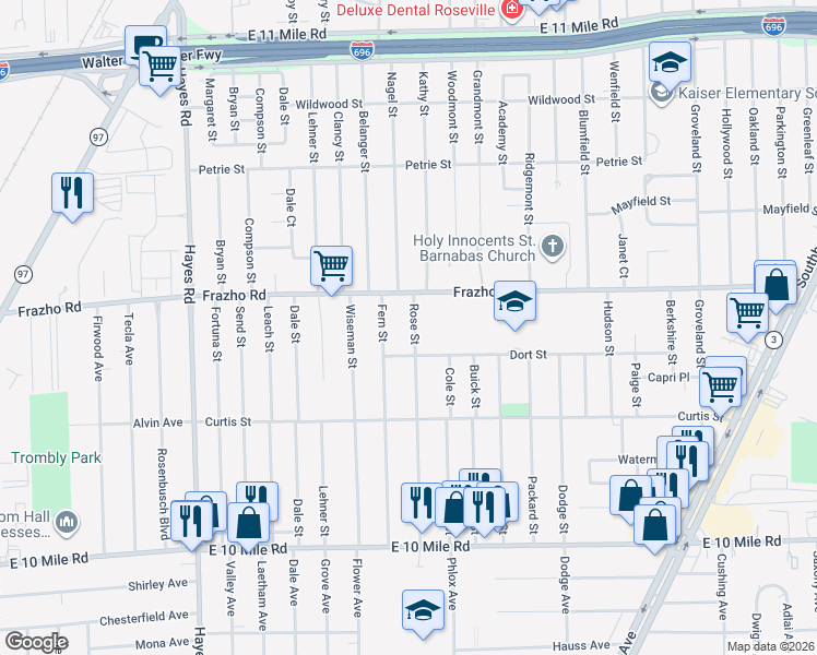 map of restaurants, bars, coffee shops, grocery stores, and more near 25857 Rose Street in Roseville
