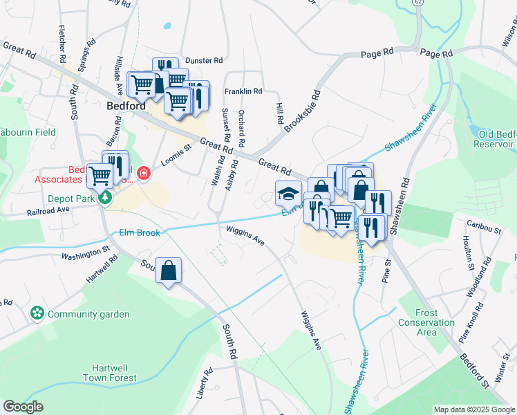 map of restaurants, bars, coffee shops, grocery stores, and more near 60 Roberts Drive in Bedford